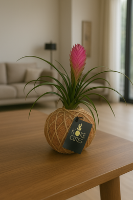 Pink Quill, Tillandsia cyanea Kokedama - Pink Quill plant.